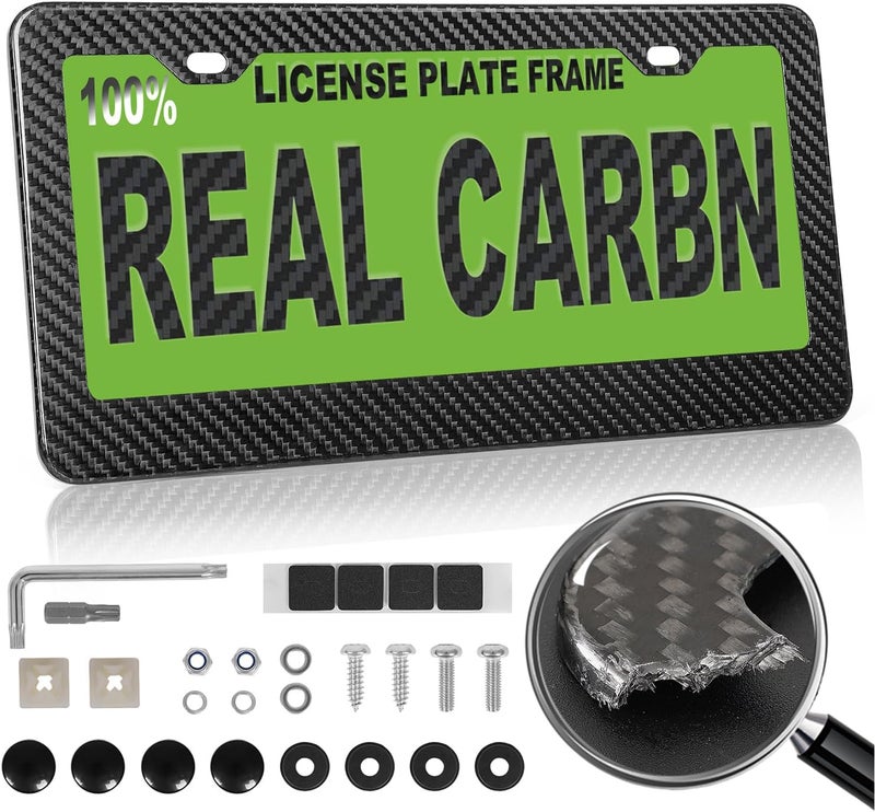 HIBRONGO Real Carbon Fiber License Plate Frame 100% Pure Carbon License Plate Frame Cover Black Gloss License Plate Holder Universal Car Tag Frame with Mount Hardware, Screws, Caps - 2 Hole Wide Edge 1 Pack - Image 1